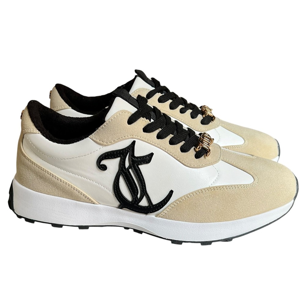 Juicy Couture Eunice Women 8.5 Sneakers Black White Ivory Monogram Gold Charms